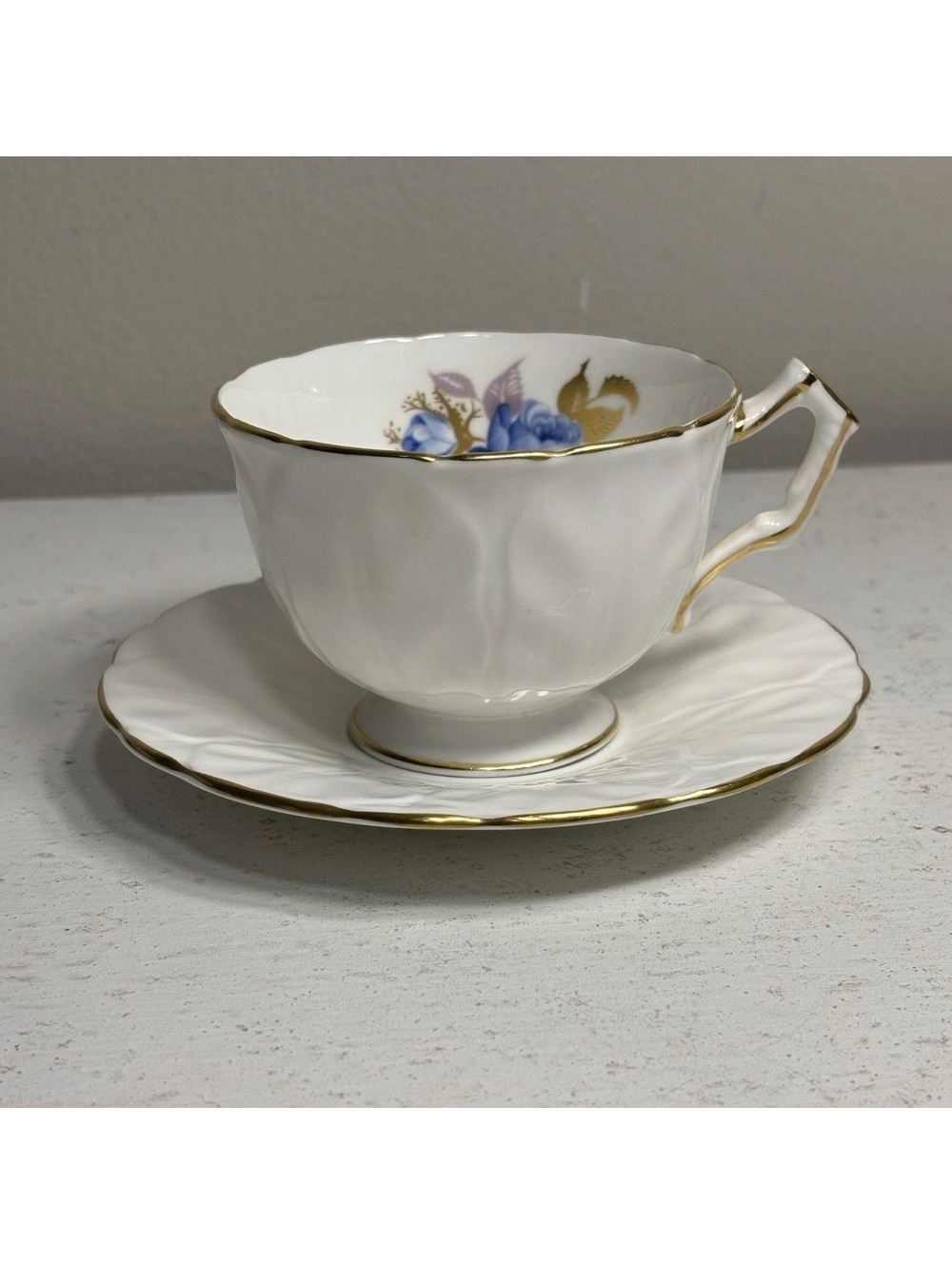 Vintage Ansley White Gold Trim Crocus Shape Teacup & Saucer Set